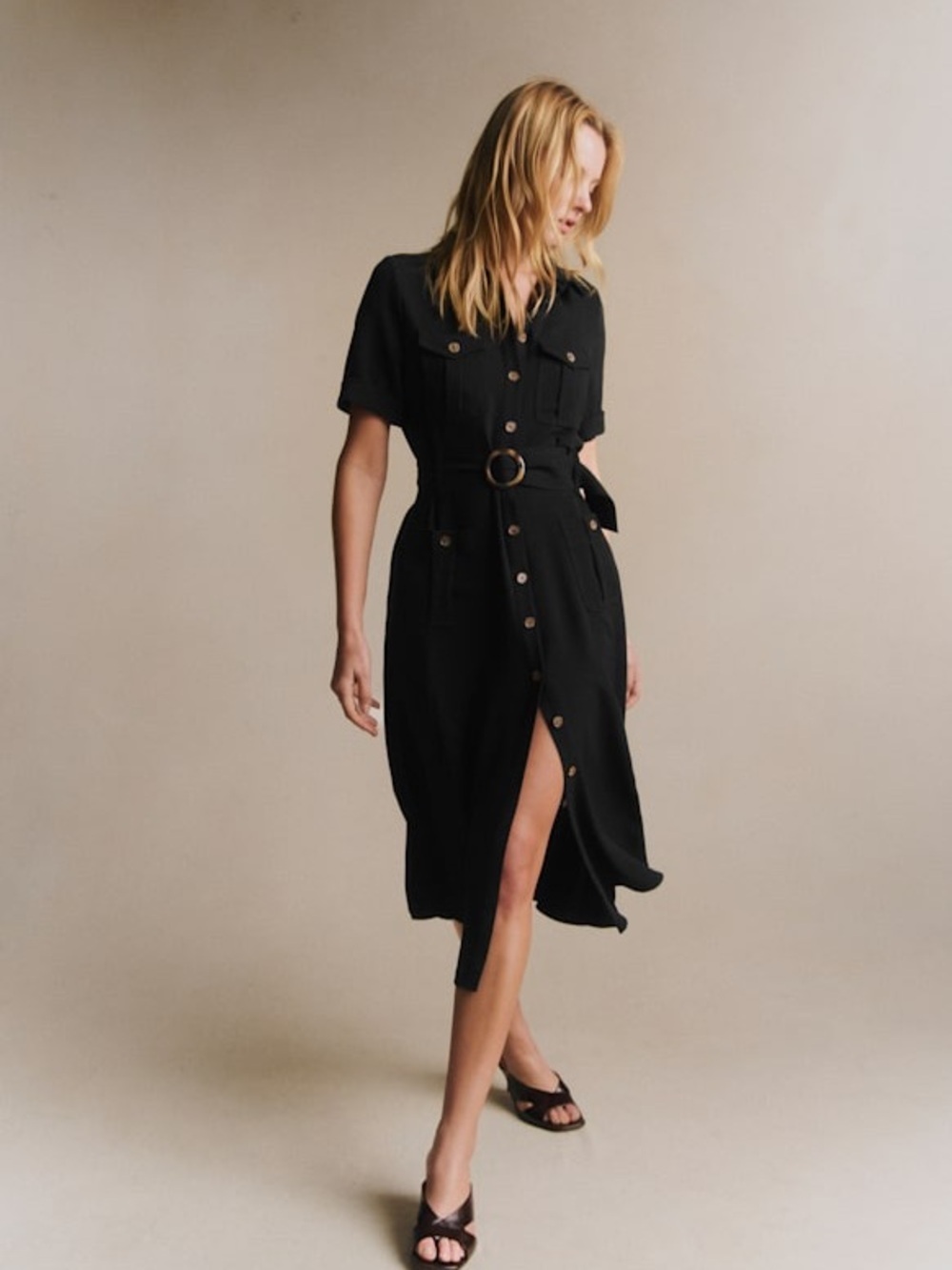 Sézane Black Belted Button Front Midi Shirt Dress Size 34